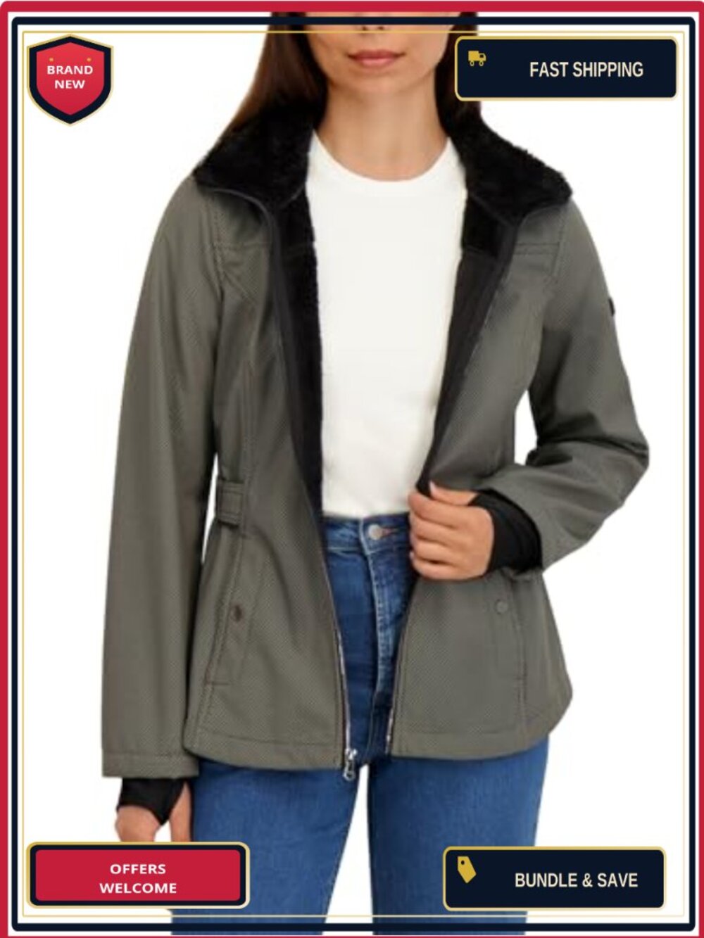 Women's Softshell Jacket Water Resistant Faux Fur Lining Adjustable Hood